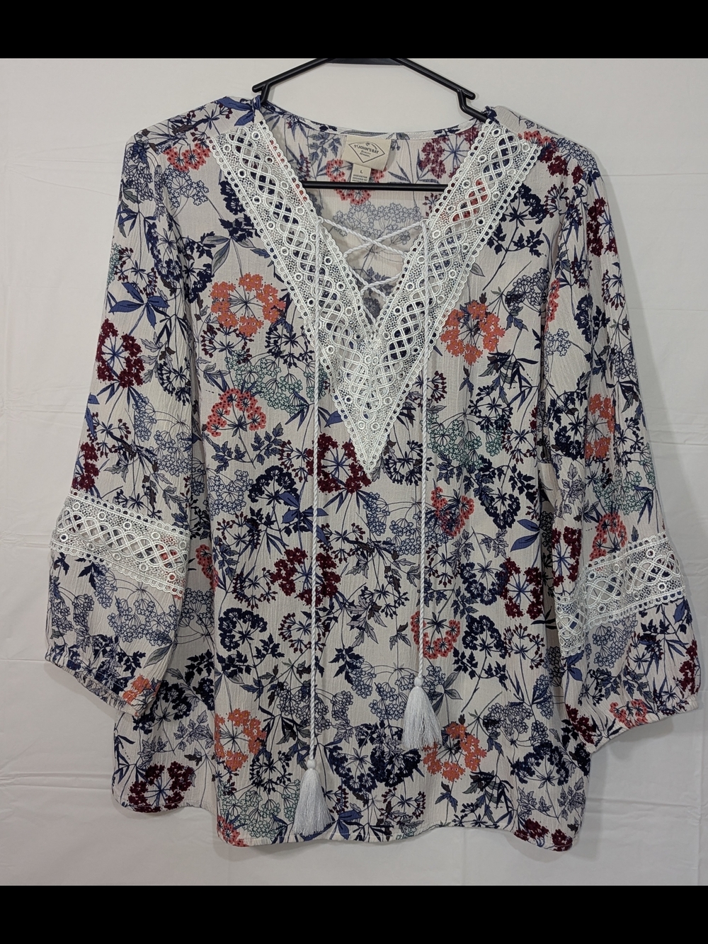 St John’s Bay Floral Boho Peasant Top Lace Trim Tassel Blouse L